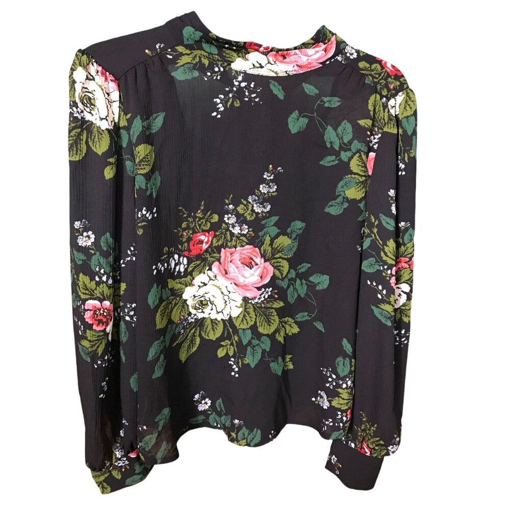Loft Black Sheer Rose Pattern Women XXS Long Sleeves Shirt - Picture 1 of 4